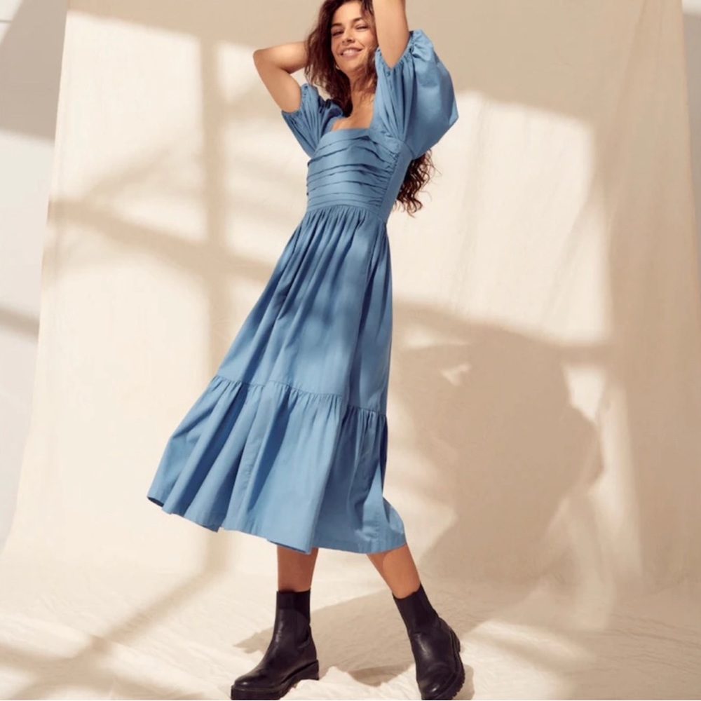 NWT Ruched Puff Sleeve Poplin Midi Dress Fits Like a Large